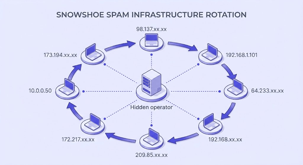 Flowchart showing multiple compromised residential IP addresses rotating in a cycle to evade spam detection systems.