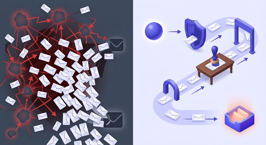 Contrasting diagram: disorganized red botnet flooding envelopes versus organized indigo authenticated sender pipeline with security checkpoints.